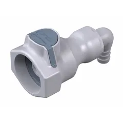 This polypropylene quick-disconnect tube fitting features a 90° elbow design with a 3/8 in ID size. It has a Quick-Disconnect Coupler x Barbed connection type, allowing secure attachment to tubing. Commonly used in fluid transfer systems where frequent line changes are required.