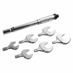 This interchangeable head torque wrench kit from PRO-SET covers a primary scale range of 10 N-m to 75 N-m. It includes six drive heads in sizes 17 mm, 22 mm, 24 mm, 26 mm, 27 mm, and 29 mm. Suitable for precision tightening of fasteners in industrial assembly, maintenance, and repair tasks requiring controlled torque.