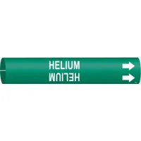 Pipe marker for identifying helium lines. Green background with white legend and directional arrows. Fits pipe outer diameters from 2-1/2 to 3-7/8 inches. Supplied as a single snap-on marker