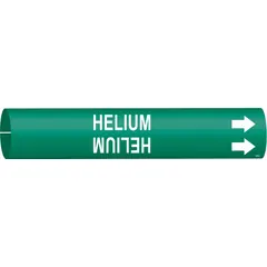 Pipe marker for identifying helium lines. Green background with white legend and directional arrows. Fits pipe outer diameters from 2-1/2 to 3-7/8 inches. Supplied as a single snap-on marker.
