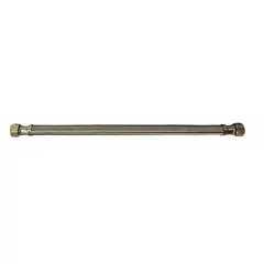 This faucet connector is a bulk hose with a PVC tube and stainless steel cover, rated for 250 psi. It has a 5/16 in inside diameter and 20 in length, meeting UPC standards. Used to connect shut-off valves to faucets or fixtures in water supply systems.