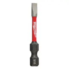 This impact-rated slotted bit features a 3/16" industry size and a hex shank for secure retention in power tools. Constructed from alloy steel, it is suited for driving slotted-head screws in assembly, framing, and general construction tasks.