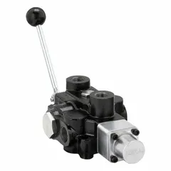 This manual spool monoblock valve is a four-way, three-position directional control valve with an open-center design and detent mechanism. It features one spool and NPT connections, suitable for directing hydraulic fluid flow in mobile or industrial equipment.