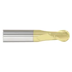 This general purpose carbide ball end mill features a TiN coating for reduced friction and extended tool life. With 2 flutes and a 9/16" mill diameter, it is suited for contouring, slotting, and profiling in metalworking. The ball nose design enables 3D machining of curved surfaces, commonly used in mold and die work and general industrial machining.