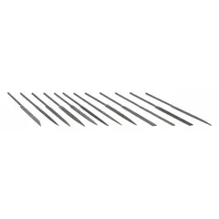 Needle file set containing Barrette, Crossing, Half Round, Knife, Rectangular, Round, Slitting, Square, and Triangular files. Features a 2 cut and is not magnetized. Used for precision filing, deburring, and shaping in metalworking, toolmaking, and maintenance tasks.