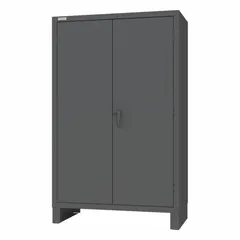 Assembled steel bin cabinet with gray powder-coated finish and recessed doors. Contains 192 yellow bins (48 bins of 8x15x7 in each). Designed for organized storage of small parts, fasteners, and hardware in industrial and workshop environments.
