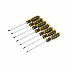 This 7-piece screwdriver set includes Torx tips in sizes T10, T15, T20, T25, T27, T30, and T40. Designed for general-purpose fastening and loosening of Torx-head screws in assembly and repair tasks.