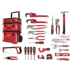 This 22-piece plumbing maintenance tool set includes 4 nut drivers, 3 adjustable wrenches, and 2 hand saws. The tools are supplied in a rolling modular tool box for organized transport and storage on job sites. Suitable for pipe fitting, fixture repair, and general plumbing work.