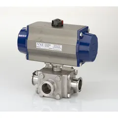 This 3-A Certified T-Port pneumatically-actuated ball valve is constructed from 316 stainless steel with a surface finish of < 0.6 micron. It features clamp x clamp x clamp connections and a side port configuration. Suitable for sanitary processing applications requiring clean-in-place (CIP) service for diverting or mixing flows. Actuator not included.