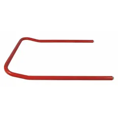 This steel handle is designed for platform trucks, providing a grip for maneuvering loads. It measures 27 inches in overall width and 1 1/4 inches in overall height. The red finish offers visibility in industrial settings.