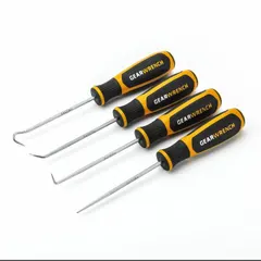 This hook and pick set is constructed from steel with a hook tip, designed for retrieving, positioning, or removing O-rings, seals, gaskets, and small parts. The ergonomic plastic handles provide a comfortable grip for precise control in tight spaces. Suitable for general maintenance and repair tasks.