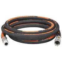 Nitrile blend petroleum hose assembly with nitrile blend cover, rated for 150 psi. Hose length 20 ft, outside diameter 2 31/64 in. Temperature range -31° to 158°F. Suitable for transferring petroleum-based fuels and oils in industrial and commercial applications