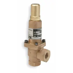 This bronze pressure relief valve is designed for non-code applications with air, inert gas, and liquids. It features 1/2 in FNPT x 1/2 in FNPT connections and is adjustable to protect downstream equipment by opening at a set pressure and closing automatically. Typical uses include industrial process lines, pneumatic systems, and liquid transfer systems requiring pressure control.