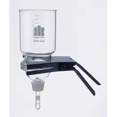 This 90 mm diameter microfiltration assembly is constructed from aluminum, borosilicate glass, fritted glass, and silicone. It includes a stopper and is used for laboratory filtration processes, supporting filter membranes during vacuum or pressure filtration.