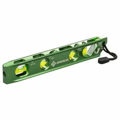 This 9-inch magnetic torpedo level features an acrylic body with an aluminum frame and rare earth magnets for secure attachment to metal surfaces. It includes top and side read vials for level, plumb, 45°, and 30° angle measurements with an accuracy of 0.0005 inches. Suitable for general construction, electrical, and HVAC applications where compact leveling and angle checking are required.