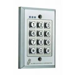 The ALARM CONTROLS KP-200 is a stainless steel keypad in gray, measuring 3 3/16 inches wide and 5/8 inches deep. It is used for keyless access control in commercial and industrial settings, allowing entry via code entry. Suitable for indoor or sheltered outdoor installations.