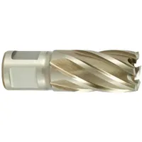 This cobalt annular cutter is designed for cutting hard materials such as stainless steel and alloy steels. It features a 9/16 in diameter, a bright finish, and a maximum cutting depth of 1 in. The cutter includes a pilot pin for precise alignment and is suitable for industrial fabrication and structural steel applications