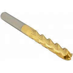 General purpose carbide ball end mill with TiN coating for reduced friction and heat. Features 4 flutes, 1/2" mill diameter, 3" length of cut, and 6" overall length. Used for contouring, slotting, and profiling in metalworking and mold-making applications.