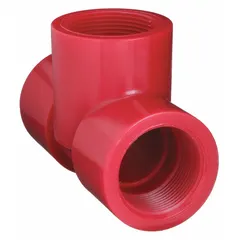 This UV-resistant Schedule 80 tee fitting is made of red polyvinylidene and meets ASTM D3222 standards. It has a fitting pipe size of 1-1/2 in x 1-1/2 in x 1-1/2 in and does not include a shield collar. Used in industrial piping systems to split or combine fluid flow.