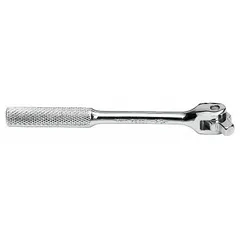 This 16-inch flex-head breaker bar features a 1/2-inch drive and a knurled grip for secure handling. Constructed from alloy steel with a chrome finish, it is designed for loosening tight fasteners in automotive and industrial maintenance applications.