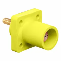 Male receptacle with threaded stud terminations rated for 400 A. Features a yellow straight taper nose mating design. Suitable for high-current industrial power distribution in applications such as data centers, manufacturing plants, and temporary power setups.