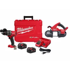 This kit combines an M18 18V DC hammer drill and a portable band saw for drilling and cutting applications. The hammer drill handles masonry, wood, and metal, while the band saw cuts rebar, conduit, and threaded rod. Both tools are cordless and operate on the M18 battery platform.