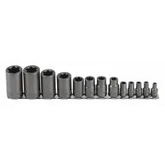 This 13-piece socket set includes 6-point external Torx and Torx Plus sockets in sizes E4 through E24. Designed for use with a 1/2 in drive ratchet or tool, it is suited for fastening and loosening Torx fasteners in automotive, industrial, and mechanical assemblies.