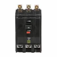 Three-phase bolt-on miniature circuit breaker rated 70 A at 120/240V AC with a maximum interrupting rating of 10kA. Suitable for overcurrent protection in commercial and industrial electrical distribution systems when installed in compatible panelboards.