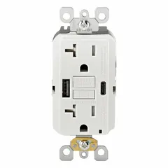 White decorator duplex weather-resistant receptacle with GFCI protection. Rated 125V AC, 20A, NEMA 5-20R. Includes integrated USB Type A and Type C charging ports. Suitable for indoor or covered outdoor locations requiring both AC power and USB device charging.