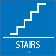 This adhesive-mounted acrylic sign is designed for marking stairs in commercial buildings, providing tactile braille and high-contrast text for accessibility compliance. It features a nominal size of 8 in x 8 in and is suitable for indoor applications where permanent, flush mounting on smooth surfaces is required.