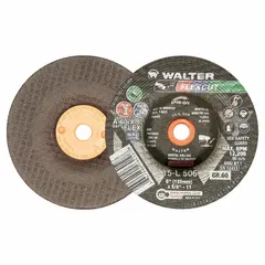 General-purpose grinding wheel for carbon and stainless steel. Type 29 depressed center design with 60 grit. Dimensions: 5" diameter, 1/4" thickness, 5/8"-11 arbor. Suitable for material removal in fabrication, welding, and maintenance tasks.