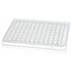 This 96-well plate is made from colorless polystyrene and features round wells with a 0.3 mL volume. The tissue culture treated surface promotes cell attachment, and the RNase/DNase free construction prevents nucleic acid contamination. Suitable for cell culture assays, ELISA, and high-throughput screening in laboratory settings.