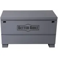 This chest-style jobsite box provides 16 cu ft of storage capacity for tools and equipment. It measures 48 inches wide by 24 inches deep by 28 1/2 inches high and is finished in gray. The recessed padlock design allows for a user-supplied lock to secure the contents. Typical applications include on-site storage at construction sites, industrial facilities, and workshops