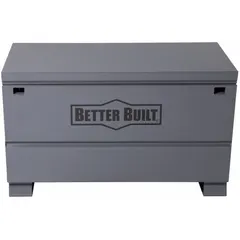 This chest-style jobsite box provides 16 cu ft of storage capacity for tools and equipment. It measures 48 inches wide by 24 inches deep by 28 1/2 inches high and is finished in gray. The recessed padlock design allows for a user-supplied lock to secure the contents. Typical applications include on-site storage at construction sites, industrial facilities, and workshops.