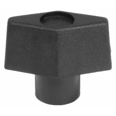 T-handle knob with a threaded through-hole, made of plastic. Features a 1.16 in diameter and 1/4"-20 thread. Used for manual adjustment, clamping, and positioning on machinery, fixtures, and industrial equipment.