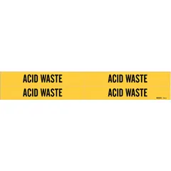 Yellow adhesive pipe markers with black 'Acid Waste' legend, fitting pipe outer diameters from 3/4 to 2-3/8 inches. Each pack contains 4 markers without arrows. Used to identify piping carrying acid waste in industrial facilities.