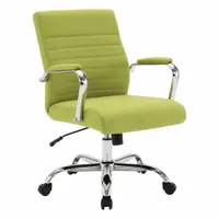 This adjustable-arm office chair features a green fabric upholstery and a tilting back for user comfort. The 18-inch back height provides support for seated tasks. Suitable for general office and administrative workstations