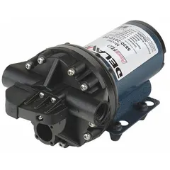 Electric on-demand diaphragm pump with polypropylene housing and FNPT connections. Features a demand pressure switch for automatic operation. Suitable for sprayer applications in agriculture and industrial fluid transfer, handling water, herbicides, and mild chemicals where corrosion resistance is required.