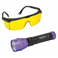 Handheld UV flashlight for detecting leaks in A/C systems, coolant, and oil. Operates on three AAA batteries, included. Used in automotive and equipment maintenance to identify fluid leaks via fluorescent dye.