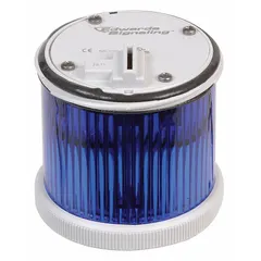 Multimode light module from the 200 Class series with blue lens. Operates on 24V AC and supports flashing or steady light modes. 70 mm overall diameter. Used in industrial signaling for machine status, alarms, or process indication.