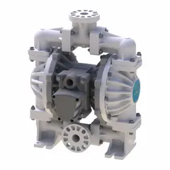 Air-operated double diaphragm pump with a polypropylene body, 1-inch flange connection, and 63 gpm flow capacity. Features PP seat and Buna-N check valve materials. Suitable for transferring corrosive or abrasive fluids in chemical processing, water treatment, and industrial applications.