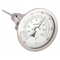 This adjustable-angle thread-mount dial thermometer features a 3-inch dial and a 4-inch stem. It measures temperatures from -20°F to 120°F (-30°C to 50°C) with accuracy of ±1% from 41°F to 200°F and ±1.5% otherwise. Suitable for installation in pipes or tanks for monitoring air or liquid temperatures in HVAC, plumbing, and industrial process systems