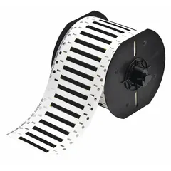 Precut sleeve label roll for wire and cable identification. Each label measures 3/32 in x 2 in, made of polyvinylidene fluoride with a black matte finish. Compatible with BBP33 printer series. 1000 labels per roll.