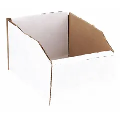 This light-use corrugated cardboard shelf bin measures 4 inches by 3 inches with a 6-inch overall length. It is white and contains 30-45% recycled content. Not electrostatic discharge conductive. Dividers are not included. Suitable for organizing small parts and supplies on shelves or workbenches in warehouses, workshops, and retail environments.