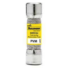 Fast-acting cylindrical fuse rated 12 A and 600 V DC. Part of the PVM series. Provides overcurrent protection in DC circuits.