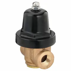 This brass pressure regulator reduces and stabilizes inlet pressure to a set outlet range of 25 psig to 90 psig. It features 3/8 in FNPTF x FNPTF connections and is rated for maximum operating temperature of 180°F. Suitable for water, air, and light industrial fluid systems requiring precise pressure control.