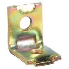 This 90° corner connector is made of steel with an electroplated gold finish. It features two holes for fastening and is used to join structural framing or panels at a right angle in industrial enclosures, racking, or conveyor systems.