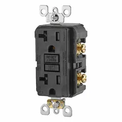 General-purpose duplex receptacle rated 125V AC, 20A, NEMA 5-20 configuration with 2-pole/3-wire grounding. Black decorator style for flush mounting in standard wall boxes. Accepts 5-15P and 5-20P plugs for branch circuit outlets in commercial and residential settings.