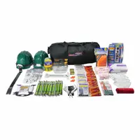 This emergency survival kit is housed in a fabric duffel bag and designed to serve 50 people. It includes a 107-piece first-aid kit, 100 pre-moistened towelettes, 2 safety vests, 10 12-hour light sticks, caution tape, and 2 emergency whistles. Suitable for workplace, school, or facility emergency preparedness