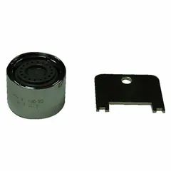 This metal laminar flow outlet features a chrome finish and a 55/64" female connection. It includes a key for installation. Designed for faucet outlets, it provides a clear, non-splashing water stream suitable for commercial or residential plumbing fixtures.